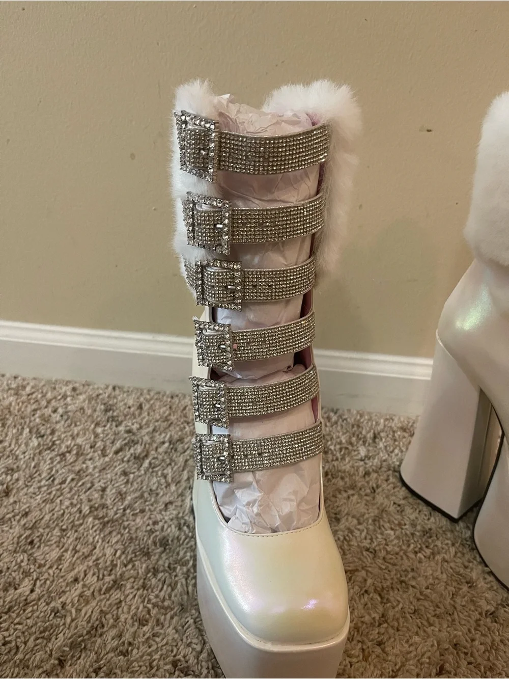 Iridescent White Platform Ankle Boots with Crystal Buckles and Faux Fur